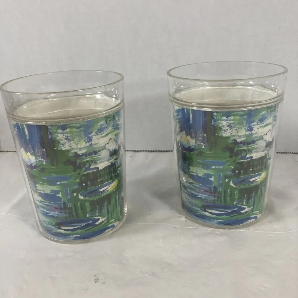 Novelty Crystal Corp Plastic Tumblers Floral Insert 12oz Set Of 2 USA Vintage